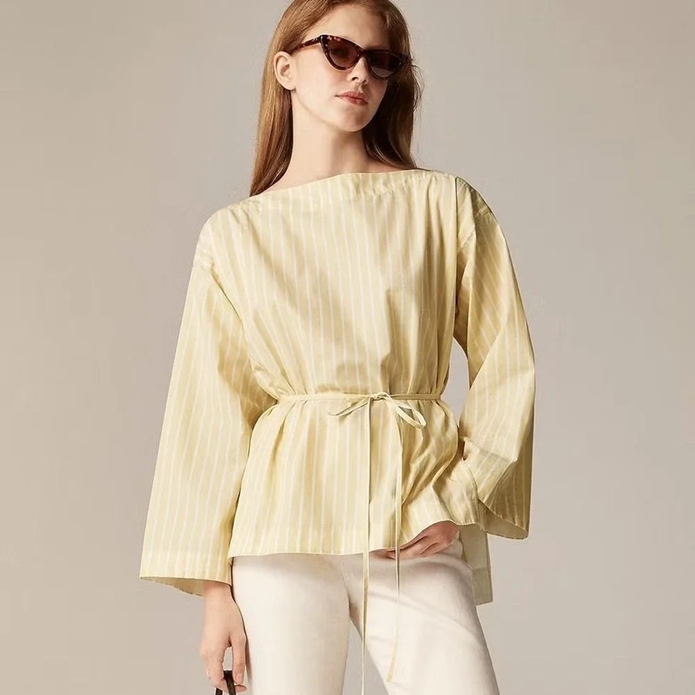 J. Crew‎ Yellow Ciel Top Striped Cotton Poplin Blouse Long Sleeve Size Large